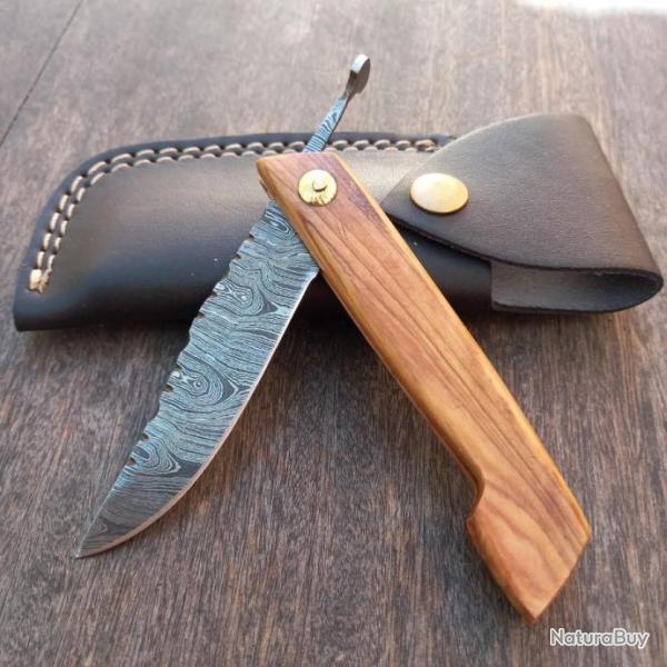 Joli Couteau artisanal Pimontais Damas Manche en Bois d OLIVIER avec tui en cuir