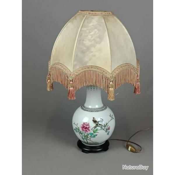 VINTAGE - Jolie vase en porcelaine polychrome mont en lampe a dcors d'oiseaux branchs-CHINE (XX)