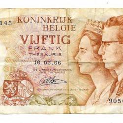 WW2/POSTWAR BELGIQUE BILLET MONETAIRE DE 50 FRANCS ROYAUME DE BLEGIQUE 1966