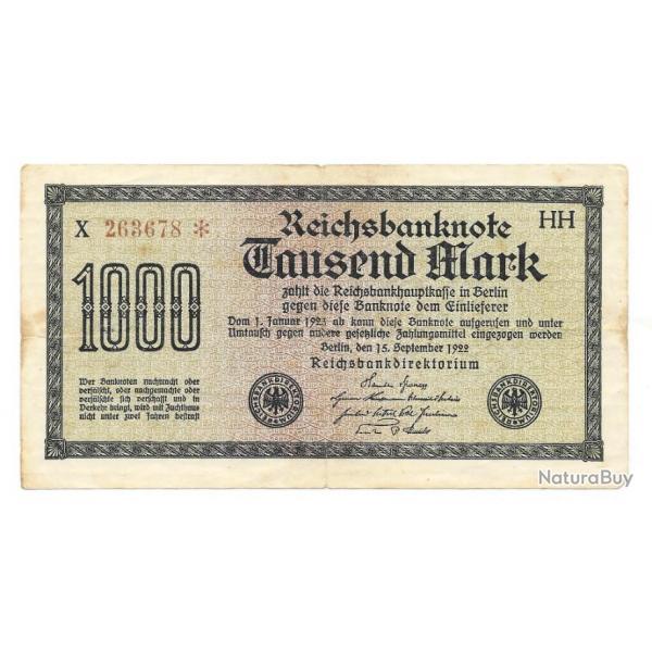 WW2/PREWAR ALLEMAGNE BILLET MONTAIRE ALLEMAND " LA CRISE " 1000 MARK DE 1922