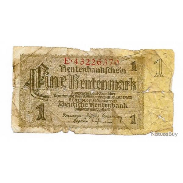 WW2/PREWAR ALLEMAGNE BILLET MONTAIRE ALLEMAND " 1 RENTENMARK " DE 1937