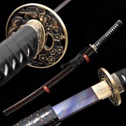 Katana en Damas (Acier plié bleu), Véritable sabre japonais fonctionnel - fait main par un maître fo