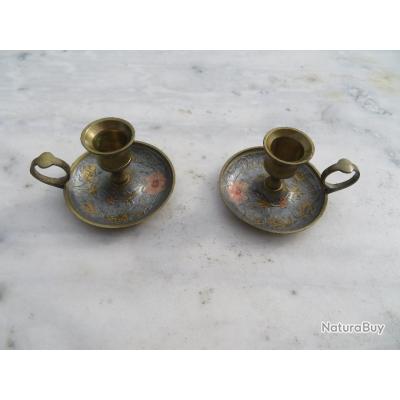 Mignon bougeoir à main ancien en tôle émaillé marbre - Décoration