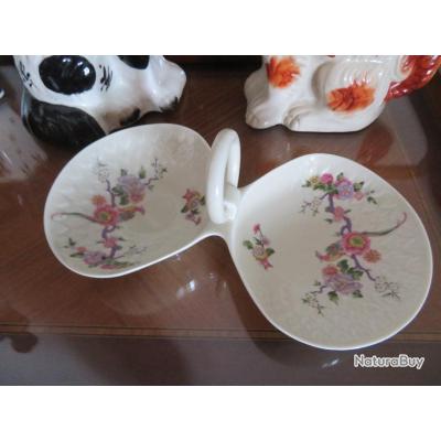 Ancien Plateau De Service Rond En Verre 3 Compartiments - Anse En étain/régule