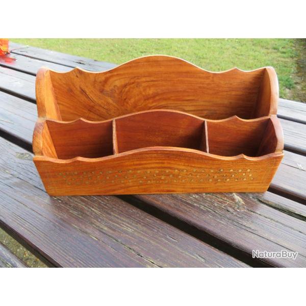 VINTAGE - Range-courrier en bois exotique  4 logements, dcor en laiton - MADE IN INDIA (XX)