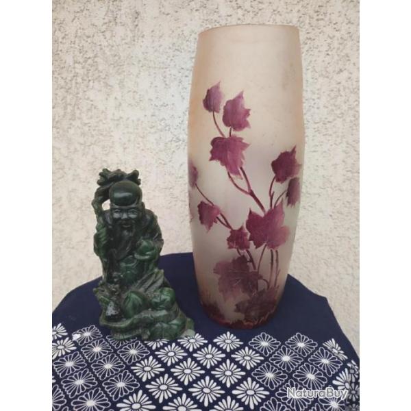 Legras grand vase motif feuille de Vigne vert givr couleur rouge hauteur 30 parfait tat