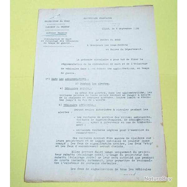 MILITARIA DOCUMENT 1939 WW2 DEFENSE PASSIVE ECLAIRAGE DES VEHICULES EN