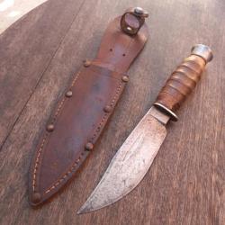 Ancien Couteau de Chasse SABATIER avec Étui en cuir Manche en Bois
