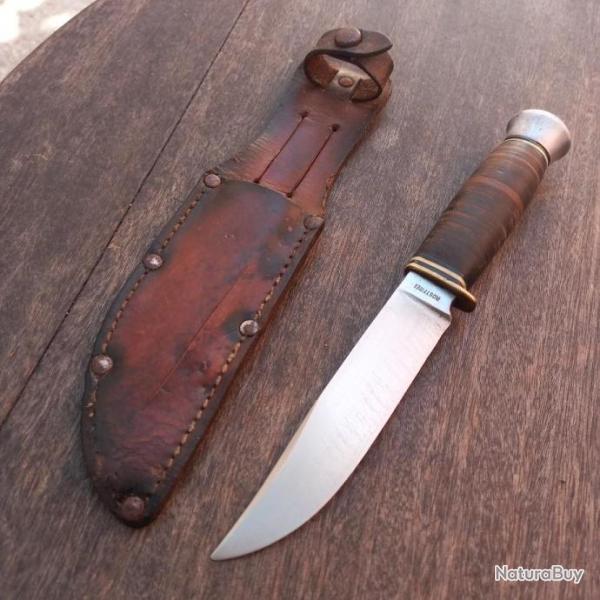 Ancien Couteau de Chasse Allemand Manche en Cuir avec tui en cuir