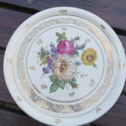 VINTAGE - Grand plat rond en porcelaine de LIMOGES,a décors fleurs (Raynaud)(XXé)