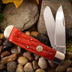 Couteau Queen Big Boy Trapper Red Manche Os 2 Lames Acier Carbone 1065 Slip Joint Made USA QN7555 -