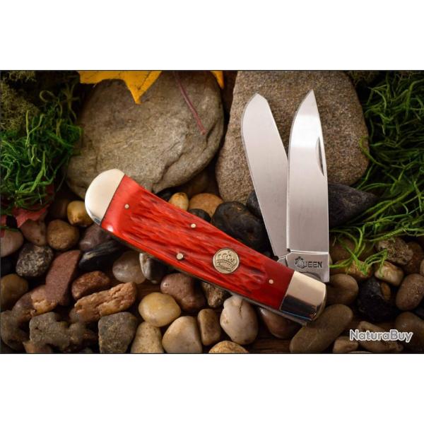 Couteau Queen Big Boy Trapper Red Manche Os 2 Lames Acier Carbone 1065 Slip Joint Made USA QN7555 -