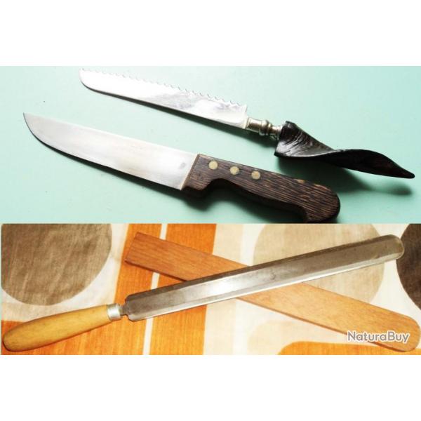 les 3 couteaux :1 couteau office + un couteau  jambon + 1 couteau  paint avec manche en corne