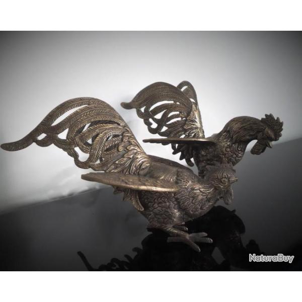 Paire de poule et coq en laiton dor-Dcoration de chemine-Objet dcoration du 20me