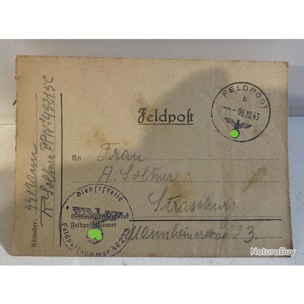 Papier Allemand post WW2 lettre Courrier de 1943 avec 2 Tampons
