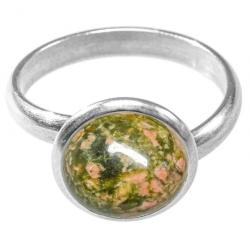 Bague argentée avec cabochon rond en unakite