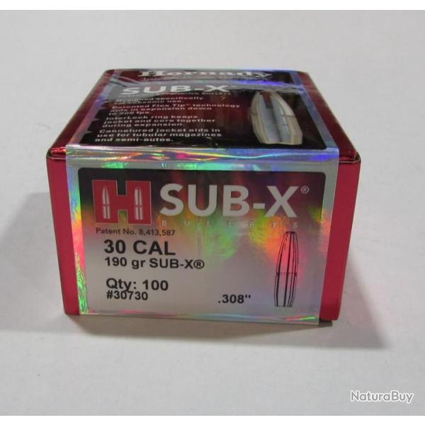 BOITE DE 100 OGIVES HORNADY SUB-X, CAL 30/308 190GR, 30730