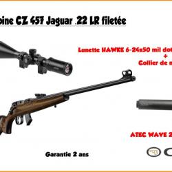 Pack CZ 457 Jaguar .22 LR filetée + hawke 6-24x50 + silencieux 1/2X20 UNF