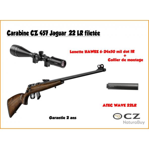 Pack CZ 457 Jaguar .22 LR filete + hawke 6-24x50 + silencieux 1/2X20 UNF