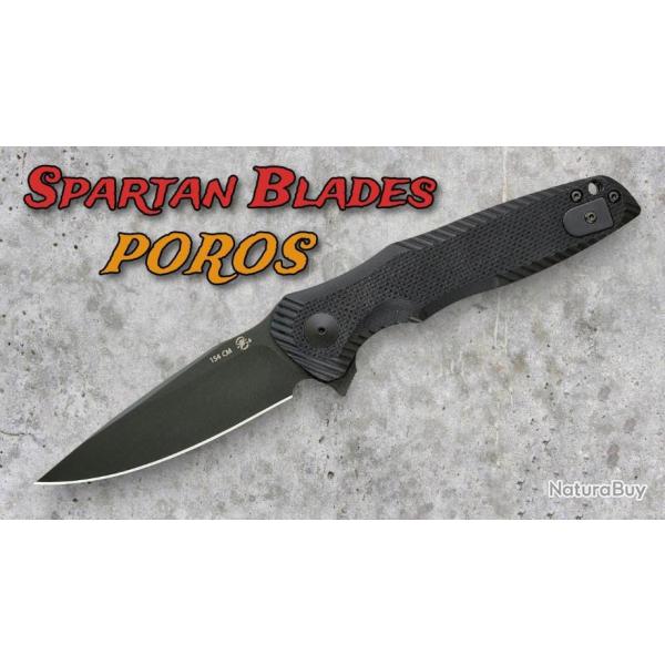 Couteau Spartan Blades POROS Black Lame Acier 154CM Drop Point Manche G10 LinerLock Clip SBSFBL11BK