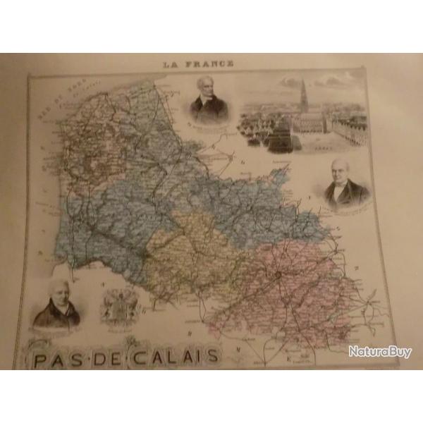 carte geographique  pas de calais  periode  1888