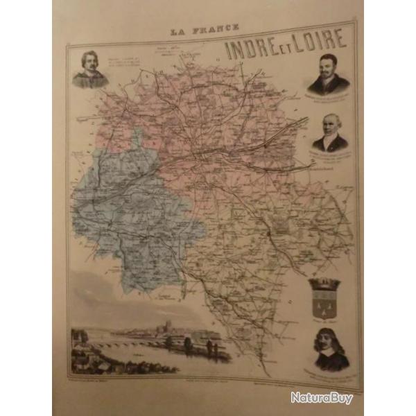 carte geographique  indre et loire  periode  1888