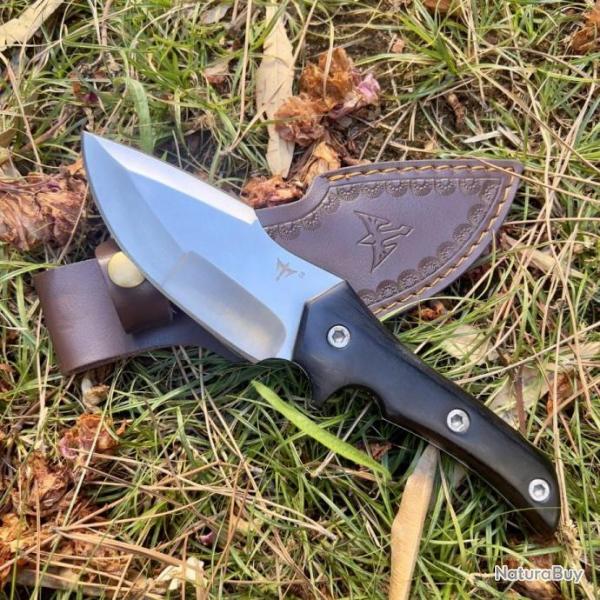 Gros couteau massif acier 440C chasse survie manche bois avec tui cuir