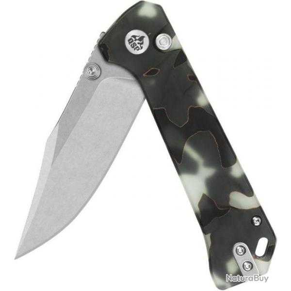 Couteau QSP Knife Grebe Glow Lame Acier S35VN Manche Raffir Resin IKBS Button Lock Clip QS147E1