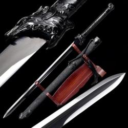 Epée chinoise, lame en acier T10 noir et motif tête de tigre