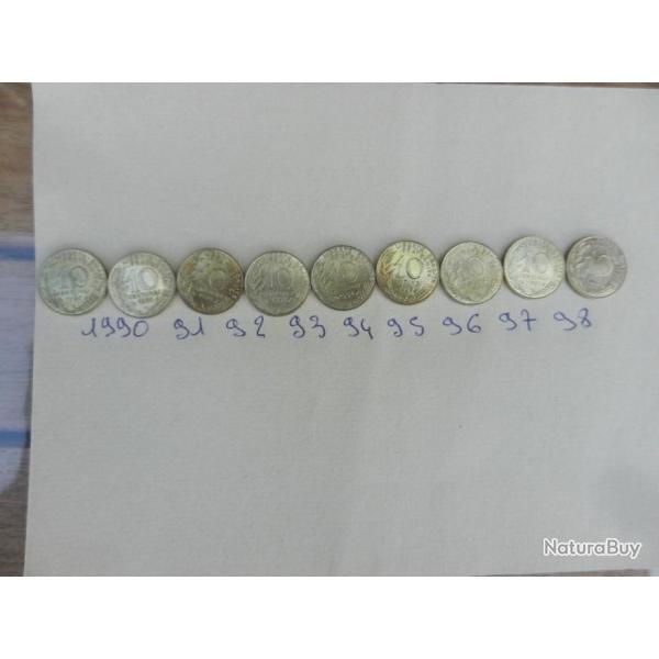 lot de 9 pices de monnaie de 10 centimes de 1990  1998