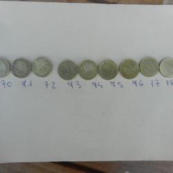 lotde 10 pièces de monnaie de 10 centimes de francs 1970 à 1979