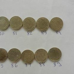 lot de 10 pièces de monnaie de 20 centimes de francs 1980 à 1989