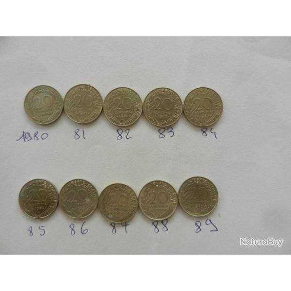 lot de 10 pices de monnaie de 20 centimes de francs 1980  1989