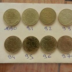 lot de 8 pièces de monnaie de 20 centimes de francs 1990 à 1997