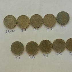 lot de 10 pièces de monnaie de 20 centimes de francs 1970 à 1979