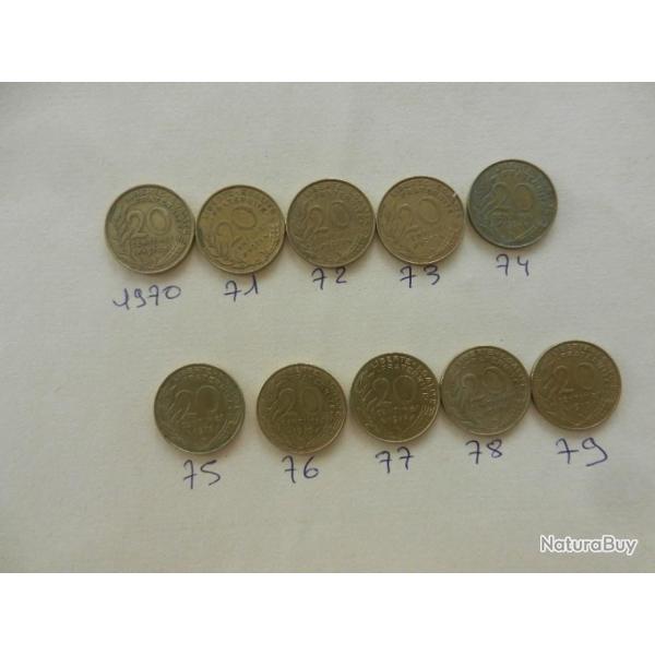 lot de 10 pices de monnaie de 20 centimes de francs 1970  1979