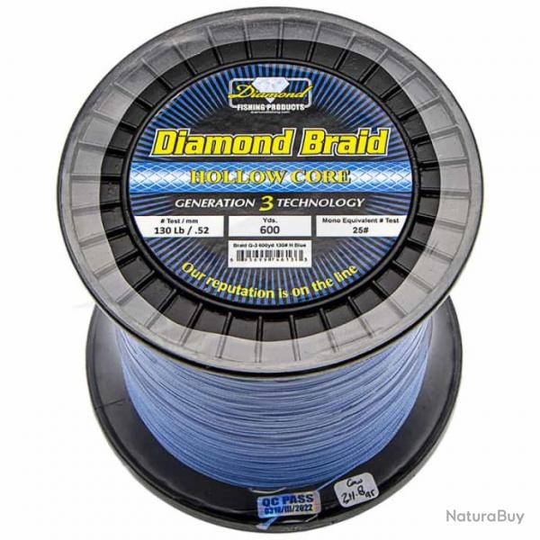 Tresse Diamond Braid Hollow Core Generation 3 Bleu 130lb 548 m (600 Yds)