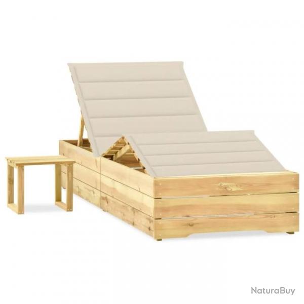 Chaise longue de jardin avec table et coussin Pin imprgn