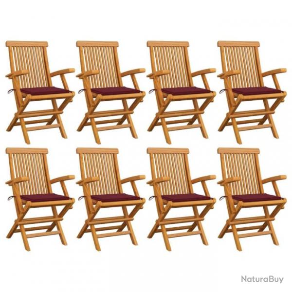 Chaises de jardin avec coussins bordeaux 8 pcs Teck massif