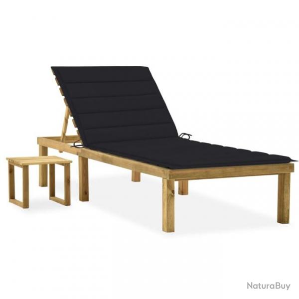 Chaise longue de jardin avec table et coussin Pin imprgn