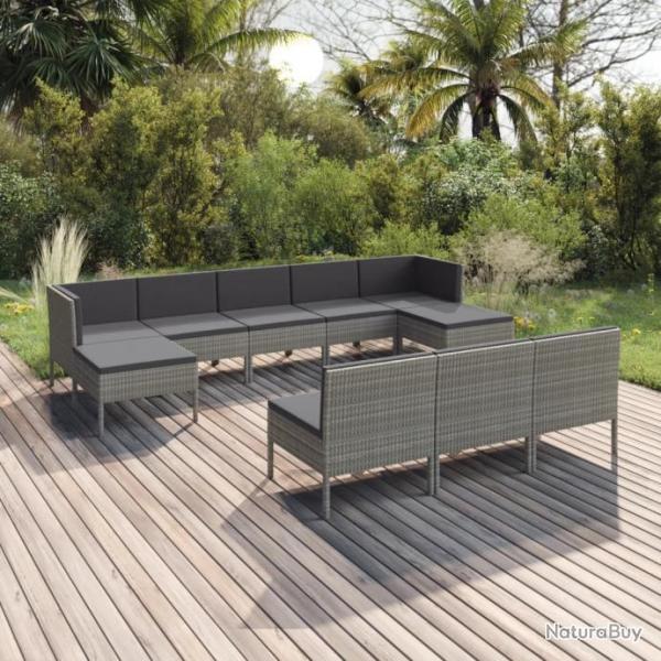 Salon de jardin 10 pcs avec coussins Rsine tresse Gris