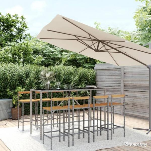 bar jardin 9 pcs gris poly rotin/bois massif acacia