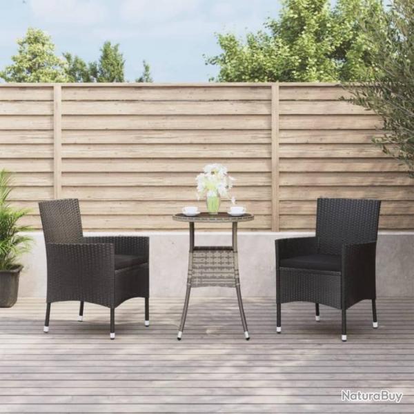 bistro de jardin 3 pcs coussins noir poly rotin