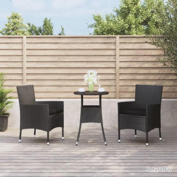 Ensemble de bistro de jardin 3 pcs coussins noir poly rotin