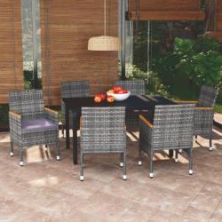 Mobilier à dîner de jardin et coussins 7pcs Résine tressée Gris