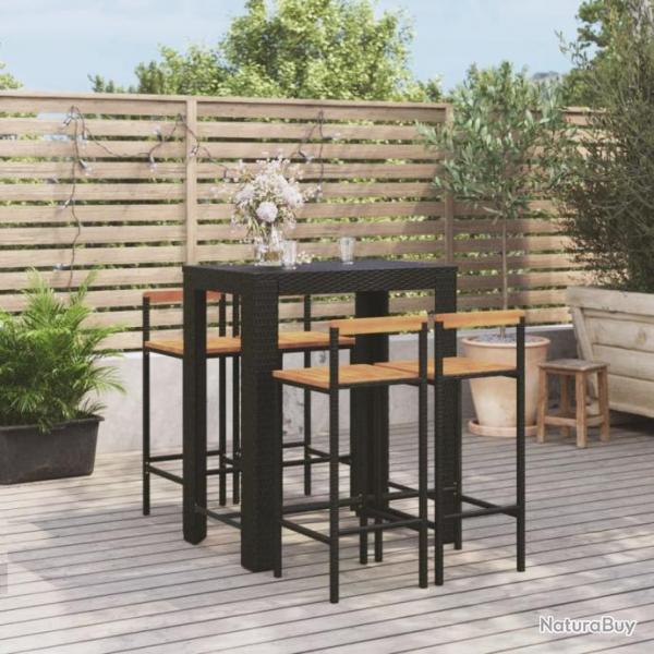 bar jardin 5 pcs noir poly rotin/bois massif acacia