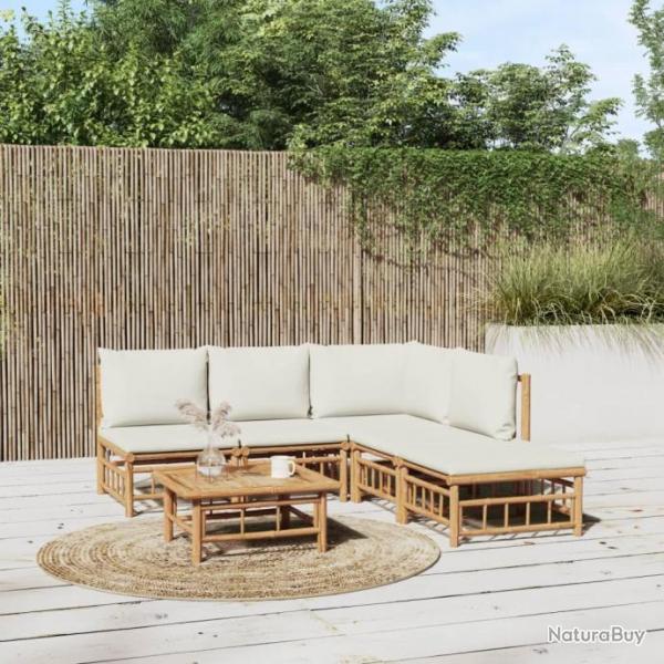 Salon de jardin 6 pcs avec coussins blanc crme bambou