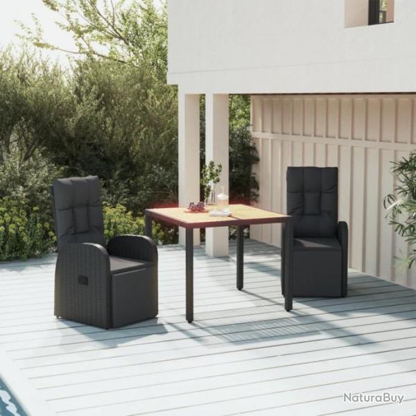 Ensemble  dner de jardin 3 pcs Noir Poly rotin et acacia