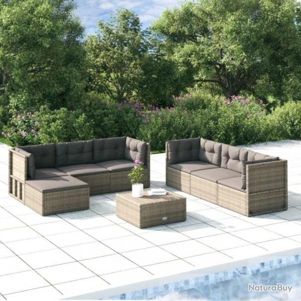 Salon de jardin 7 pcs avec coussins Gris Rsine tresse