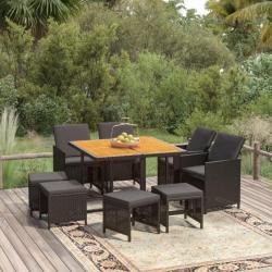 Mobilier à dîner de jardin et coussins 9pcs Résine tressée Noir